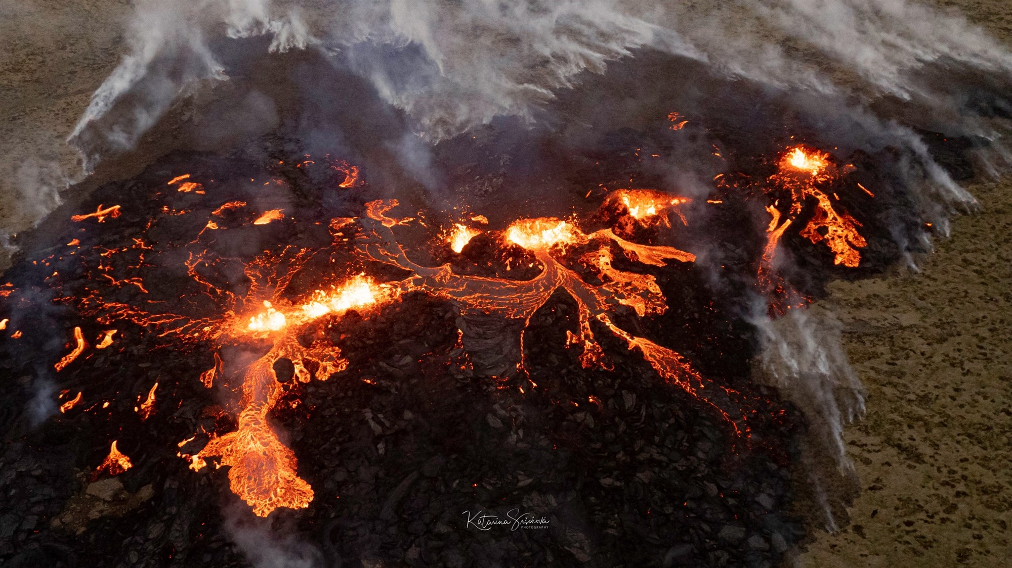 Aerial view of lava flows at Fagradalsfjall volcano, one of the most thrilling hiking spots in Iceland