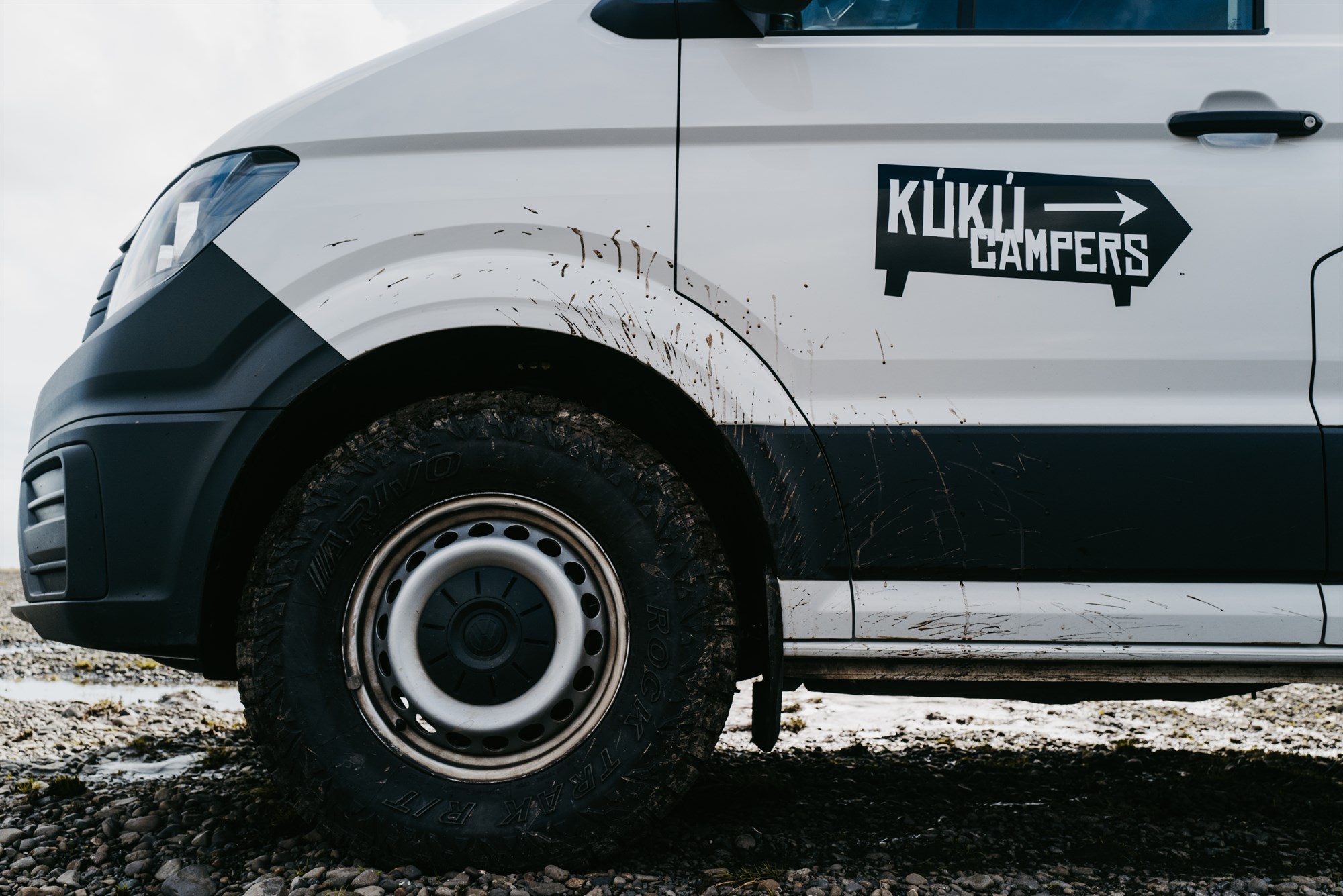 Close-up of a KuKu campervan on Iceland terrain, showing durability and real driving conditions