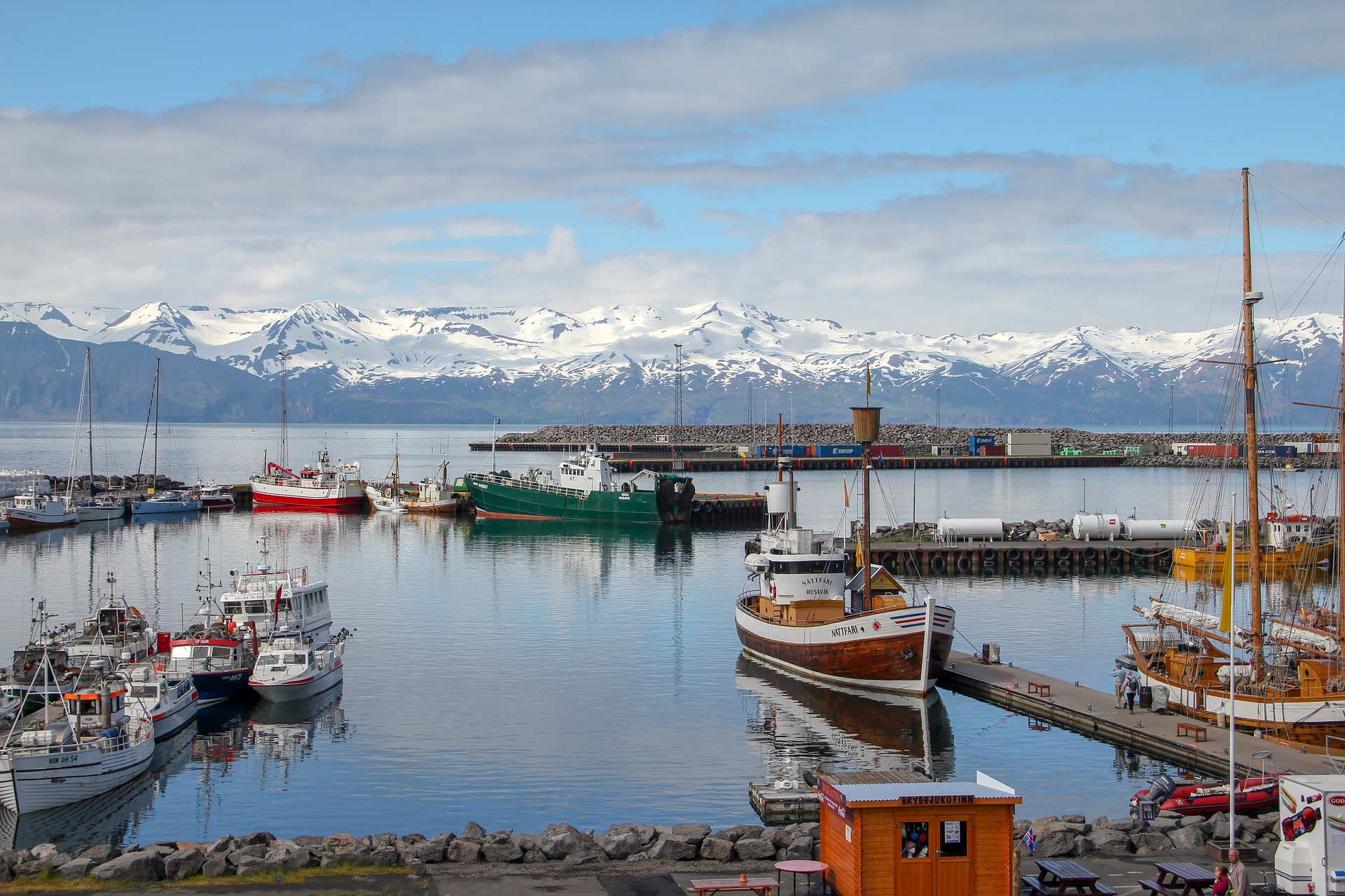 Husavik harbor, boat, water, docks 