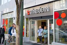 The entrance of a Vínbúðin store, Iceland’s only retailer for wine and spirits, where travelers can stock up on drinks