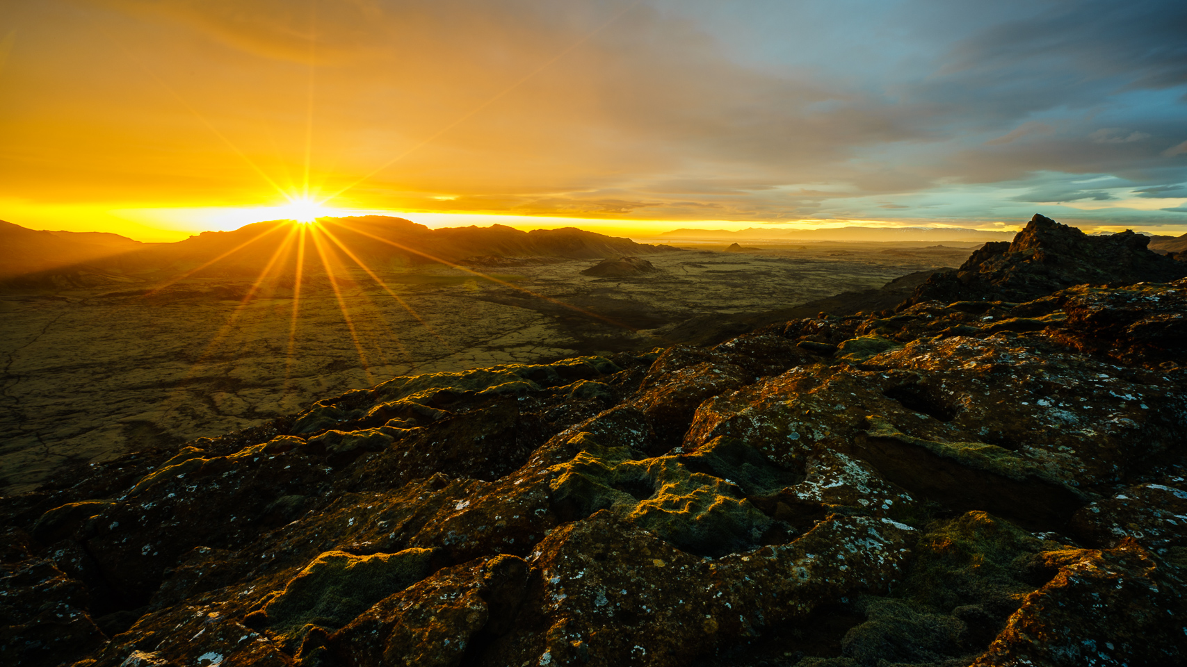 Midnight Sun in Iceland, lava field with moss