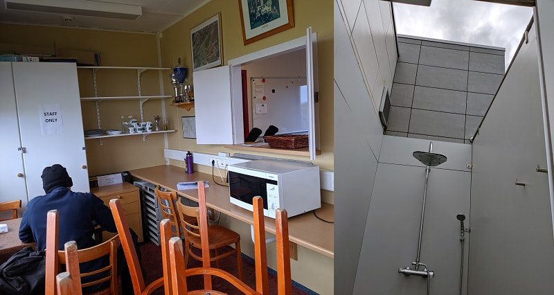 Basic campsite shower and kitchen area in Iceland, showing what campervan travelers can realistically expect on the road.