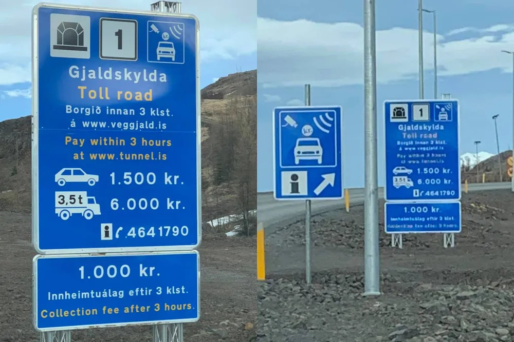Icelandic toll road sign displaying payment instructions and fees for vehicles entering the tunnel.